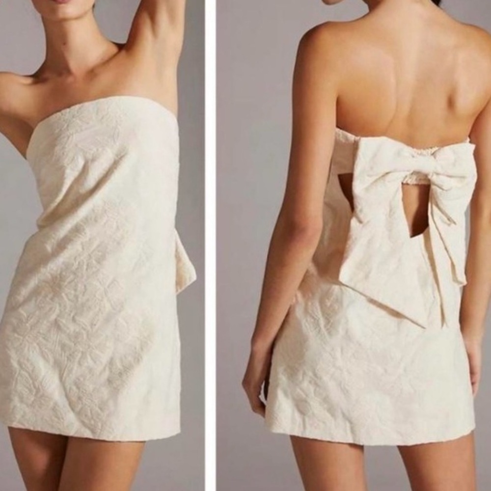 Anthropologie Cream Floral Flower Textured Shift Mini Dress Bow Strapless 12 - Picture 1 of 6
